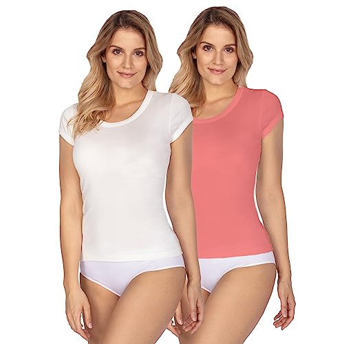 e.Femme® 2er Pack Damen Kurzarm T-Shirts Tops Hemdchen Rita Z-107 aus 50% Modal und 50% Baumwolle, Ecru/Apricot, Gr. 40/42 von e.Femme