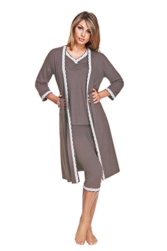 e.FEMME® Damen Morgenmantel Carmen 219 mit Edler Spitze, aus Viscose/Elasthan, mit 7/8 Arm, in Farbe Taupe, in Größe 44 von e.FEMME