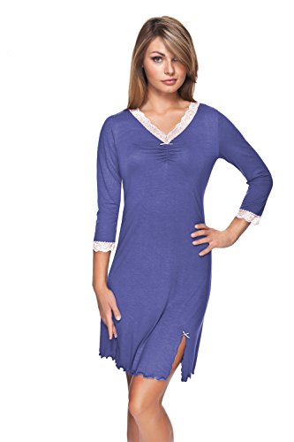 e.FEMME® Damen Nachthemd KAJA 76 mit hochwertiger Spitze, aus 96% Viscose + 4% Elasthan, mit 3/4 Ärmeln, in Farbe Nachtblau, in Größe 46 von e.FEMME