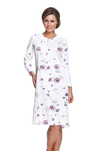 e.FEMME® Damen Nachthemd Kate 1029, Langarm, aus 100% Baumwolle (Weiß/Aubergine, 50) von e.FEMME