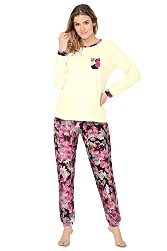 e.Femme® Damen Pyjama Hausanzug Freizeitanzug Kamila 2214 aus Frottee 80% Baumwolle, 20% Polyester (Ecru/Blumen, 40) von e.Femme