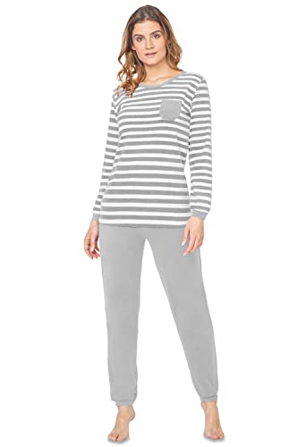 e.Femme® Damen Pyjama Hausanzug Freizeitanzug Kamila 2214 aus Frottee 80% Baumwolle, 20% Polyester (Grau/Streifen, 48) von e.Femme