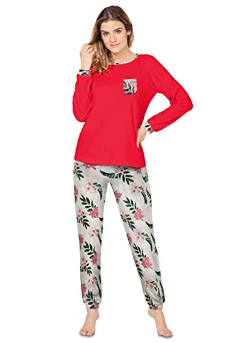 e.Femme® Damen Pyjama Hausanzug Freizeitanzug Kamila 2214 aus Frottee 80% Baumwolle, 20% Polyester (Korallenrot/Blätter, 42) von e.Femme