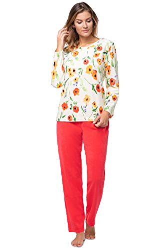 e.FEMME® Damen Pyjama Hausanzug Kamila 2211 aus Frottee, Mohnblumen/Korallenrot 38 von e.FEMME