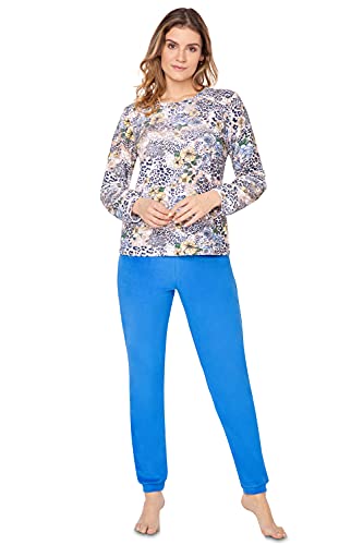 e.Femme® Damen Pyjama Hausanzug Kamila 2214, 2275, 2276 oder 941 aus Frottee (Leo Druck/Blau, 46) von e.Femme