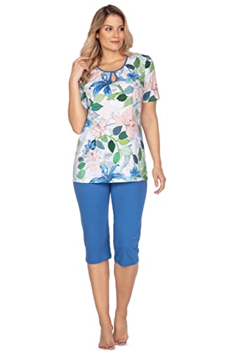 e.Femme® Damen Schlafanzug Pyjama Kurzarm Olivia 1109 Baumwolle, Blumen/Marine 40 von e.Femme