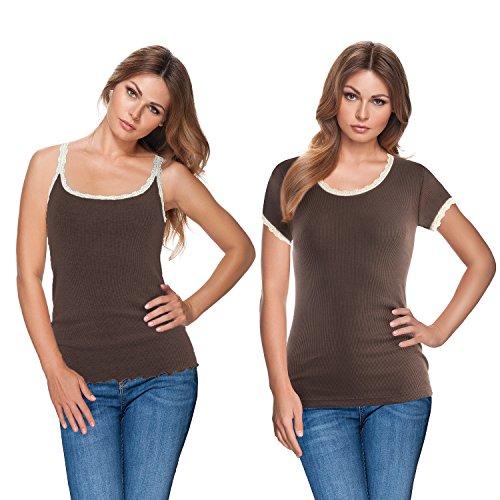 e.FEMME 2er Pack Damen Top Sally und Hemdchen Sally Kurzarm, Doppelripp, Baumwolle, braun L (44/46) von e.FEMME