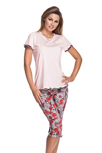 e.FEMME Damen Schlafanzug Marion 310 mit Kurzarm und 3/4 Hose aus 50% Baumwolle + 50% Modal - Bluse Uni Rose, Hose Bedruckt in Größe 48 von e.FEMME