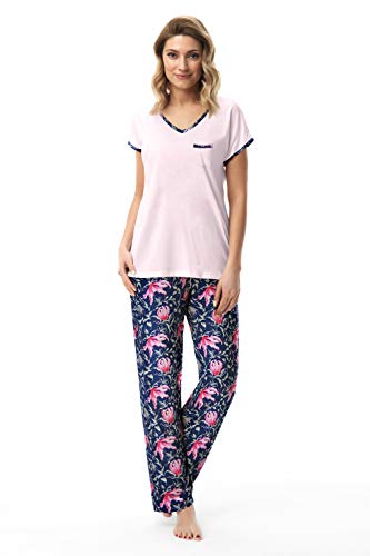 e.FEMME Damen Schlafanzug Sabrina 1919, Kurzarm Shirt und Lange Hose - Rosa/Blau - Größe 38 von e.FEMME