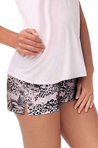 e.FEMME Damen Schlafanzughose Shorts LEA 555 aus Viskose, Druck: Leopard und Blumen- 46 von e.FEMME