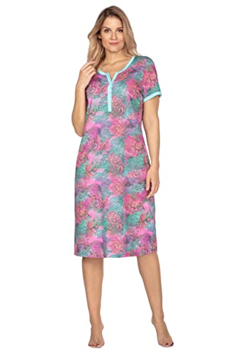 e.Femme® Damen Nachthemd Kurzarm Monika 1082 aus 100% Baumwolle, Türkis-Amarant/Druck, 50 von e.Femme