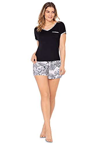 e.Femme® Damen Pyjama Shorty Sabrina 943 aus Viskose, Schwarz/Leo-Rose 42 von e.Femme