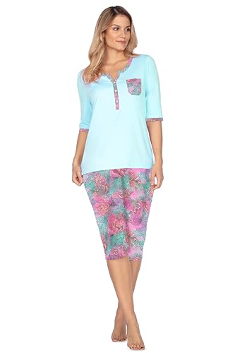 e.Femme® Damen Schlafanzug Monika 1095 aus Baumwolle und Modal, 1/2 Arm Caprihose, Mint 42 von e.Femme