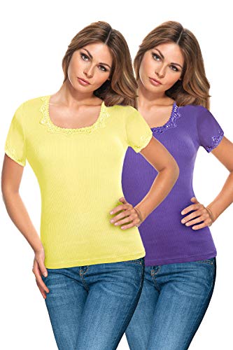 e.Femme 2er Pack Damen Hemdchen Octavia 572 Kurzarm mit Spitze, Doppelripp, supergekämmte Baumwolle- Gelb und Violett - S (36/38) von e.Femme
