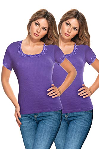 e.Femme 2er Pack Damen Hemdchen Octavia 572 Kurzarm mit Spitze, Doppelripp, supergekämmte Baumwolle - Violett - M (40/42) von e.Femme