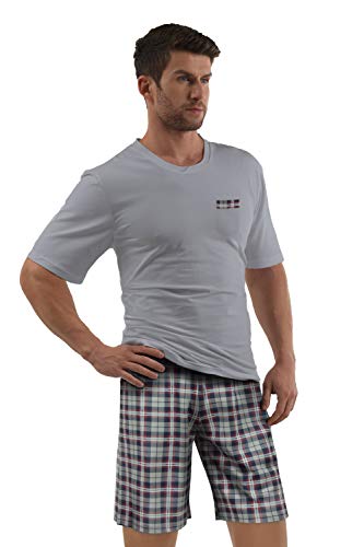 e.VIP® Herren Schlafanzug Chris S 325A Kurzarm Kurze Hose Reine Baumwolle in Farbe Grau/Weinrot kariert in Größe S von e.VIP
