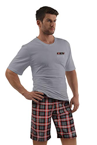 e.VIP® Herren Schlafanzug Chris S 325A kurzärmelig Kurze Hose Reine Baumwolle, Hellgrau/Rot kariert in Größe S von e.VIP