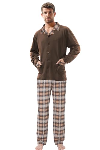 e.VIP ® Herren Schlafanzug OREST 201 mit Langarm Shirt und Lange Hose aus Reine Baumwolle in Farbe Braun kariert, in Größe XXL von e.VIP