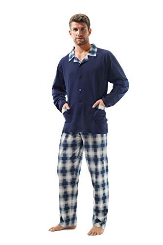 e.VIP ® Herren Schlafanzug OREST 201 mit Langarm Shirt und Lange Hose aus Reine Baumwolle in Farbe Marine kariert, in Größe M von e.VIP