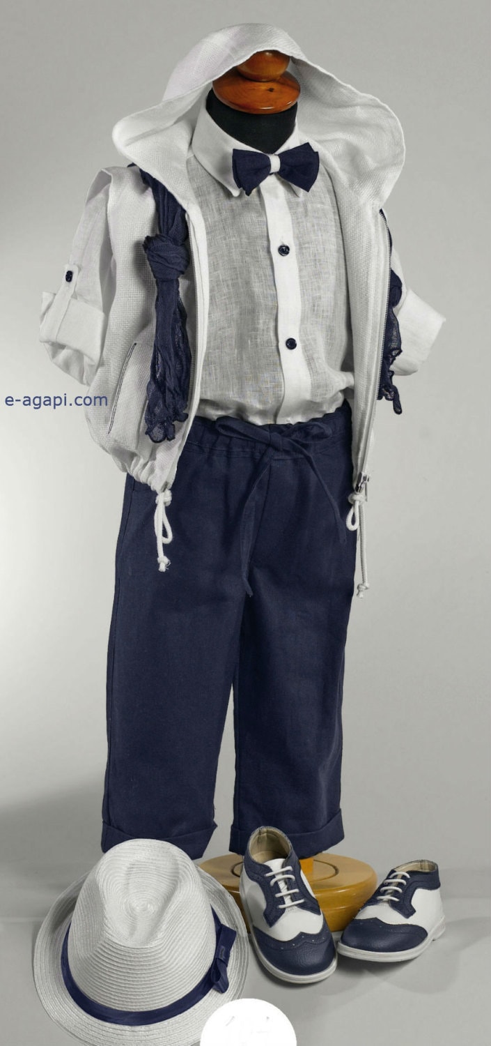 Couture Baby Jungen Leinen Outfit Set 1.geburtstag Weiß Blau Hochzeits Sommer Griechisch Taufe Leinenanzug Schicker Hut Junge Fliege von eAGAPIcom