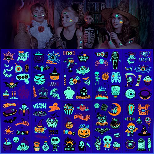 EBOOT 10 Blätter Halloween Neon Temporäre Tattoos für Kinder Leuchtende im Dunkeln Kindertattoos Aufkleber Glitzer Gefälschte Gesicht Sticker Halloween Party Deko Cosplay Party Mitgebsel von EBOOT