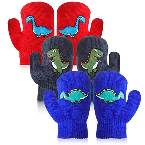 EBOOT 3 Paar Kleinkind Dinosaurier Kinder Handschuhe Winter Gestrickte Kinderhandschuhe Warme Skihandschuhe Unisex Baby Handschuhe für 1 bis 4 Jahre (Schön, Dunkelgrau, Rot, Himmelblau) von EBOOT