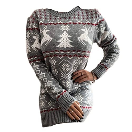 eBoutik,Neues Damen Weihnachten Oversized Wolle Pullover Kleid,Festlicher Langarm Winter Strick Pullover,Perfekt für Weihnachtsmärkte, Partys oder alltägliche Modekleidung (grauer Weihnachtsbaum) von eBoutik