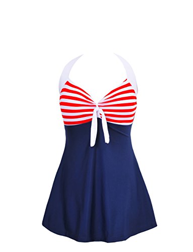 eBoutik Damen-Badeanzug, Polka, Bade-Kleid, Übergröße, Bademode, Retro-Stil, Strandkleid, Neckholder-Badeanzug mit Boyshort, limitierte Edition Gr. 44-46, Blau und Rot gestreift von eBoutik