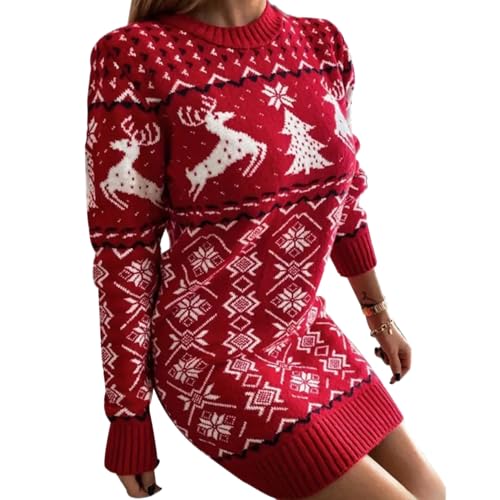 eBoutik Festliches Damen-Strickkleid aus Wolle, langes Pulloverkleid – Übergroßer Weihnachtspullover für Weihnachtsmärkte, Partys usw, Festliches Rot, 42 von eBoutik