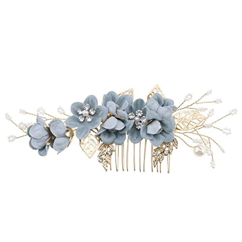 Haarkamm Blume Seite Haarspangen Strass Perle Blumen Kopfbedeckung Haarwerkzeuge Haarschmuck für Hochzeit Braut Brautjungfer Blau von eMagTech