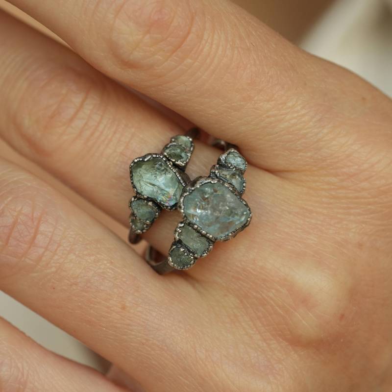 Aquamarin Ring Rts Reiner Schwarzer Silber Ring Mit 5 Steinen, Galvanisiert in Den Größen 55 Und von eMerakiGalaxy