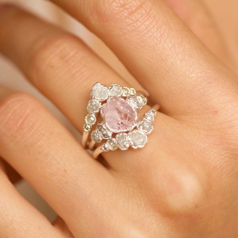 Morganit Und Rohweiß Diamant Hochzeit Set . 999 Reine Silber Natürliche Rohe Kristall Ehering Raue Rosa Kristallring von eMerakiGalaxy