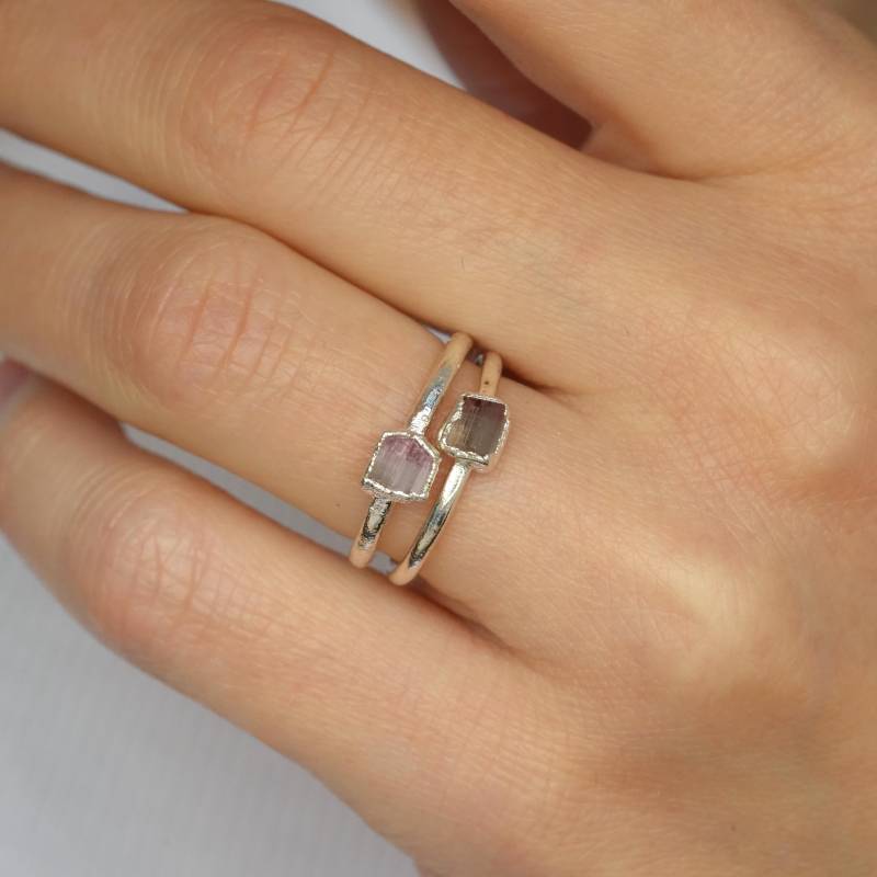 Pink Turmalin Ring Rts 999 Reinsilber Elektrogeformter Bi-Color Roher Solitär Verlobungsring in Größe 15 von eMerakiGalaxy