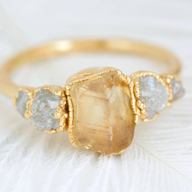 Rohe Citrin Weißer Diamant Ring. 999 Silber Natürlicher Kristall-Verlobung Hochzeit Schmuck Electroformed Ring November Birthstone von eMerakiGalaxy