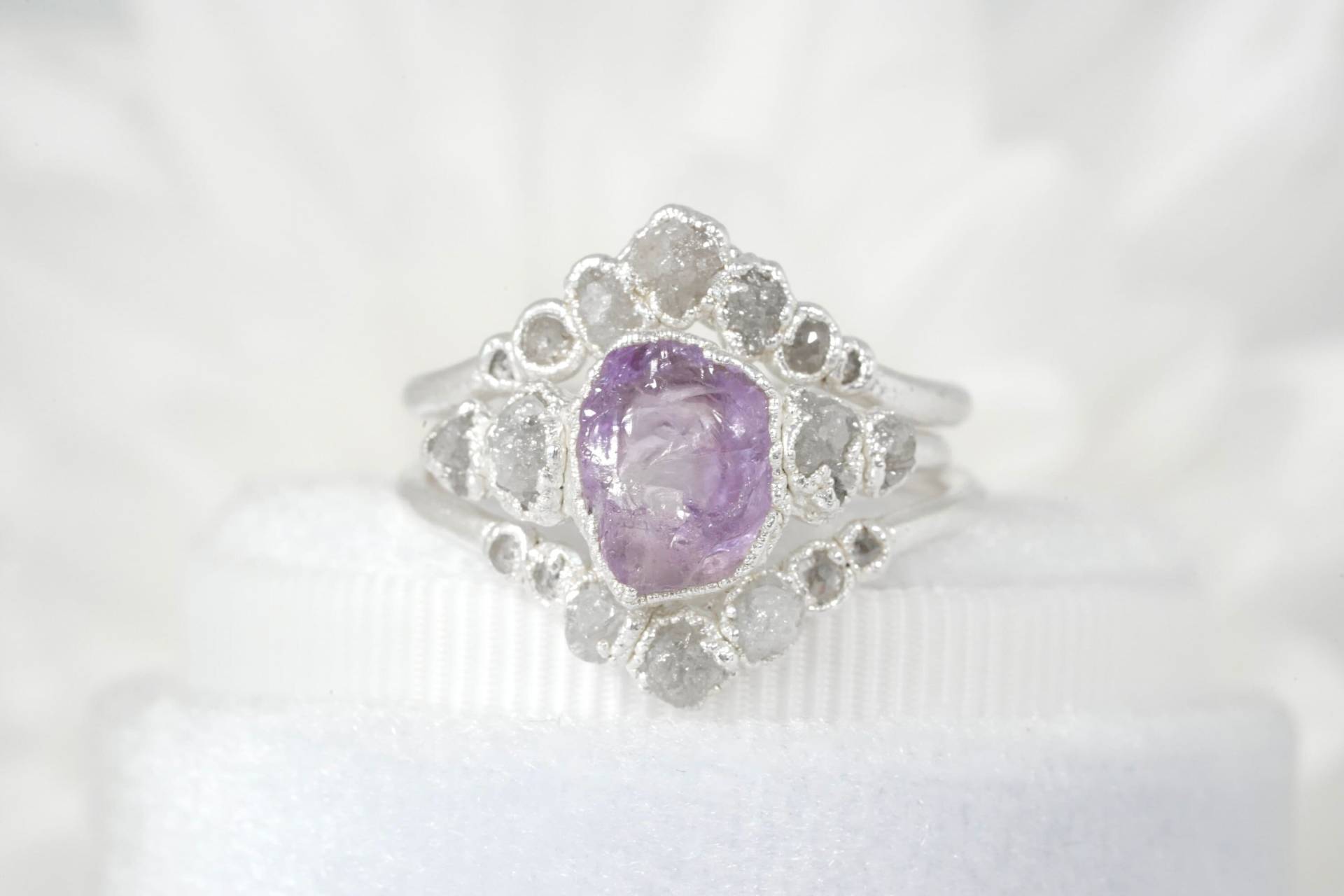 Set Oder Einzeln/Rohdiamant Und Amethyst Ring Silber 999 Sterling Edelstein Hochzeit Verlobungsring von eMerakiGalaxy