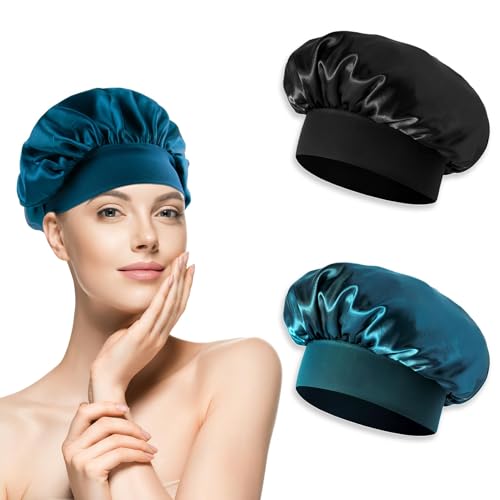 eModwey Luxuriöse Seidenhaube zum Haare Schlafen Bonnet Wraps – 2er Set, Weiche und Bequeme Satin-Schlafmütze in Schwarz und Pfauenblau, Seidenhaarwickel für Frauen Satin Kappe von eModwey