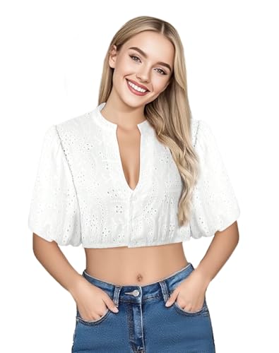 ePicsoa Bluse Damen Weiß - Dirndlbluse Puffärmel, V-Ausschnitt Knopfleiste Trachtenbluse, Elegantes Bayrische Trachtenbluse, für Oktoberfest (XXL-42) von ePicsoa