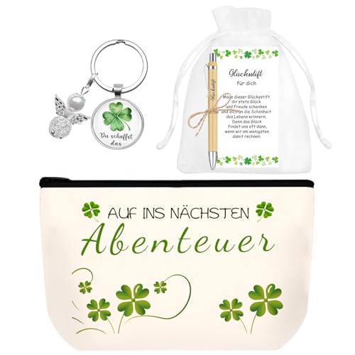 ePicsoa Geschenkset für Kollegen Schutzengel Schlüsselanhänger Glücksbringer Vierblättriges Kleeblatt Kosmetiktasche Inspirierende Grußkarte Abschiedsgeschenk für Kollegin Neuer Job Büro Arbeit Rente von ePicsoa