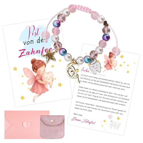 ePicsoa Zahnfee Geschenke Mädchen, Armband Zahnfee Postkarte Elfen-Halskette für Mädchen Perlenarmband Milchzahn Geschenke Bunt Armbänder zum Einschlung Konfirmation Geburtstag Taufe Weihnachten von ePicsoa