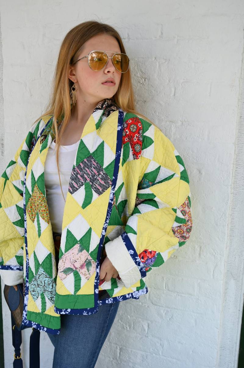 Trendy Vintage Antique Etc Steppjacke Herbst Maple Leaf Denim Upcycled Gelb Grün Only-One von eTcvintagemadefresh