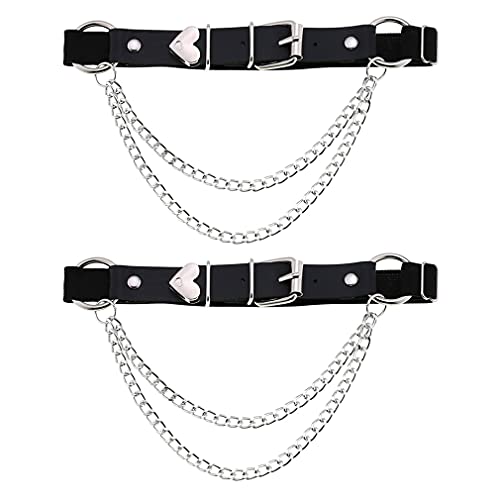 Damen Mädchen Leder Herz Strumpfbänder Bein Ring Gürtel Punk Kette Elastische Oberschenkel Ring Strumpfbänder Verstellbar 2 Stück, Schwarz, Einheitsgröße von eYLun