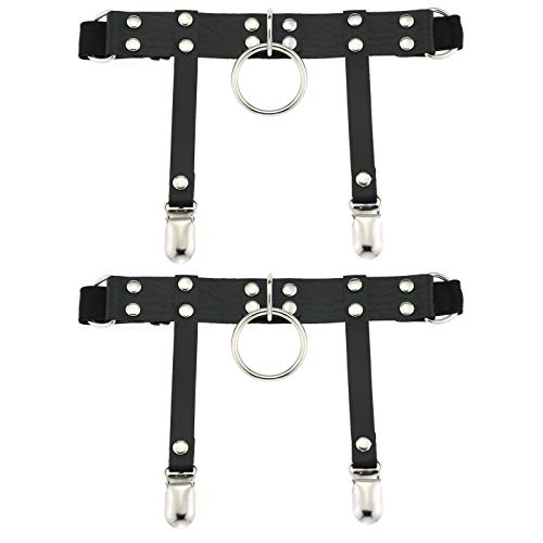Damen Mädchen Strumpfbänder Leder O-Ring Punk Rock Nieten Bein elastisch Strumpfhalter 2 Stück - Schwarz - Einheitsgröße von eYLun