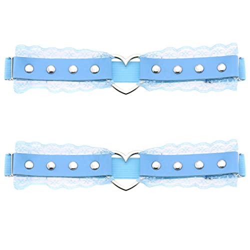 Frauen Mädchen Leder Herz Strumpfbänder Beinring Gürtel Punk-Nieten Spitze Elastisch Oberschenkel Ring Strumpfbänder Verstellbar, blau, Einheitsgröße von eYLun