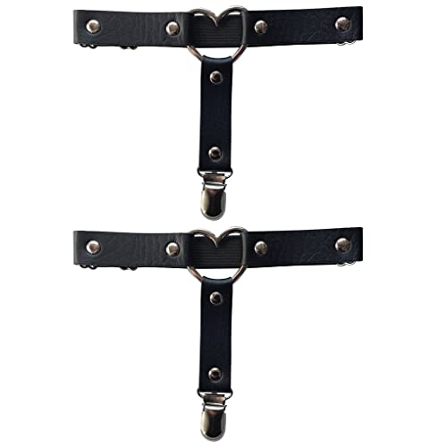eYLun Damen Mädchen Herz Leder Bein Strumpfband Gürtel Verstellbar Punk Gothic Elastizität Bein Strumpfband Gürtel 2 Stück, Schwarz, Einheitsgröße von eYLun
