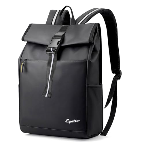 eYotto Rolltop-Rucksack wasserdicht, 15,6-Zoll-Laptoprucksack für Männer und Frauen, leichter Laptopbeutel mit 3 reflektierenden Streifen für Schule, Beruf, Reisen und Pendeln (Schwarz) von eYotto