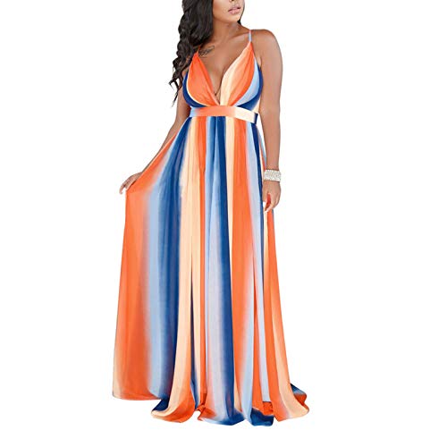 Damen Kleid mit Blumendruck V-Ausschnitt Ärmellos Sommer Maxi Sun Kleid Beach Party Kleid Hohe Taille von each women