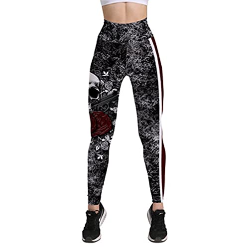 Damen Leggings mit Print Damen Totenkopf Rose Stretch Hohe Taille Schwarze Hose Gym Yoga Enge Legging Hose von each women