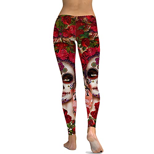 Damen Leggings mit Print Damen Totenkopf Rose Stretch Hohe Taille Schwarze Hose Gym Yoga Enge Legging Hose von each women