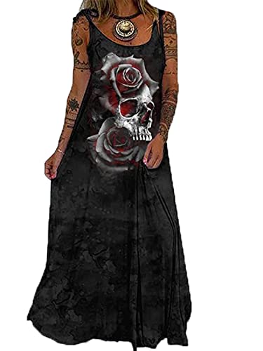 Damen Punk Baggy Shirt Kleid Damen Rose Skull Plus Size Kleider Strapy Bodenlangen Casual Maxikleid von each women