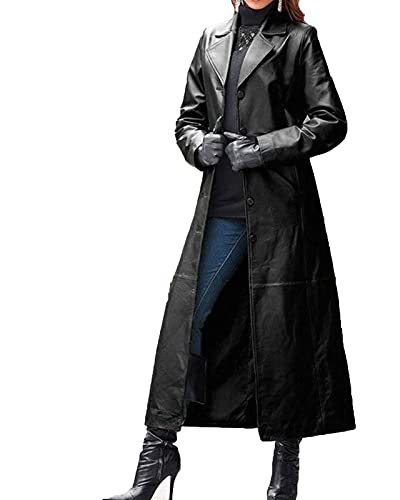 each women Damen Langer Trenchcoat Damen schwarz Langer Ledermantel Damen in voller Länge von each women